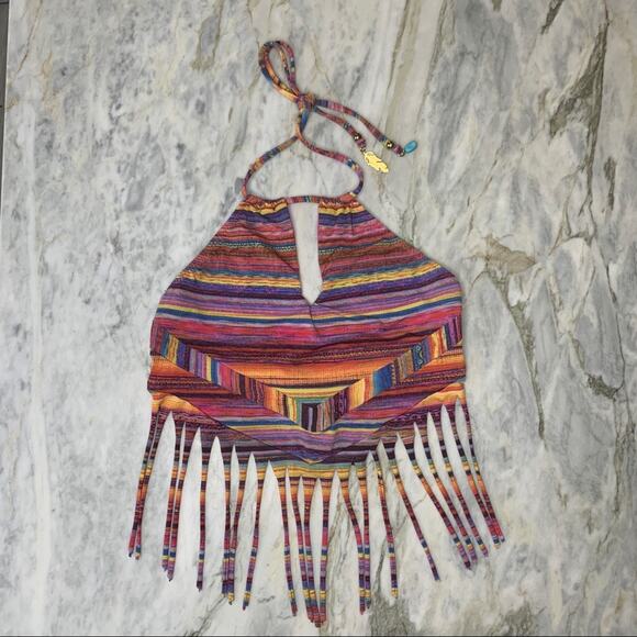 Alé by Alessandra Rainbow Patchwork Halter Fringe Bikini Tankini Top Size XS - Picture 2 of 5